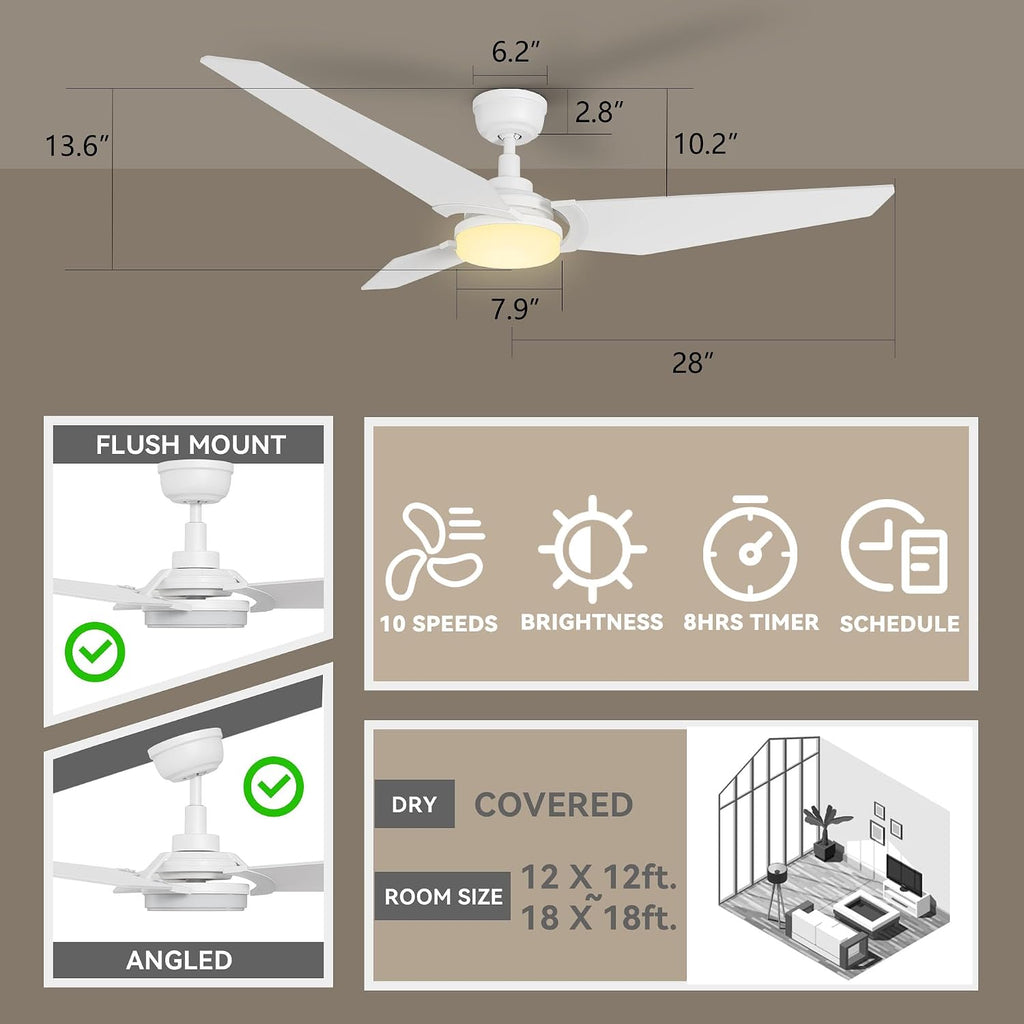 SMAAIR White Ceiling Fan with Light, 56 Inch 3 Blade Low Profile Ceiling Fan with Light and 10 Speed DC Motor, Works with APP/Alexa/Google Assistant/Siri Shortcuts