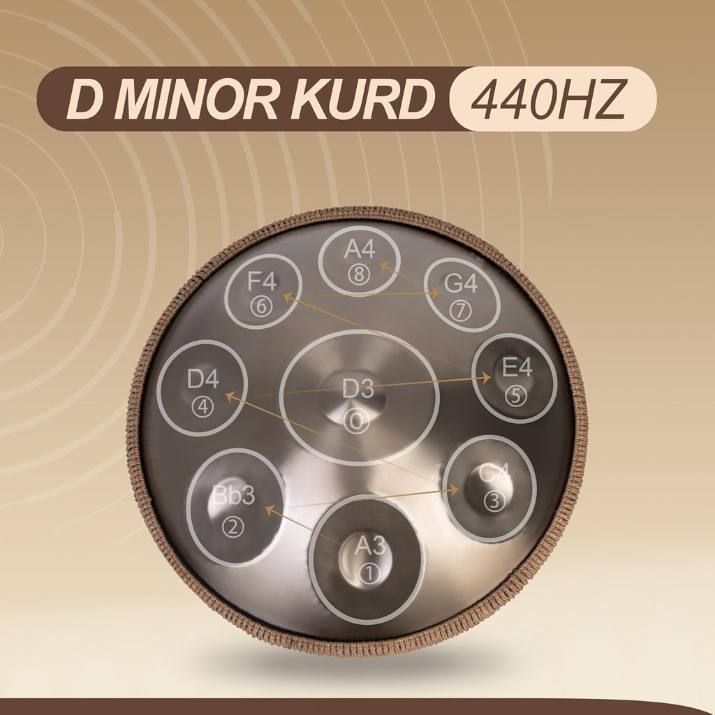 Handpan Drum - 22-Inch 9-Note D Kurd 440Hz - Hand Tuning Handpan - Includes Soft Bag, Mallets, Stand, Note Stickers, Cleaning Cloth - Artist Performance Video
