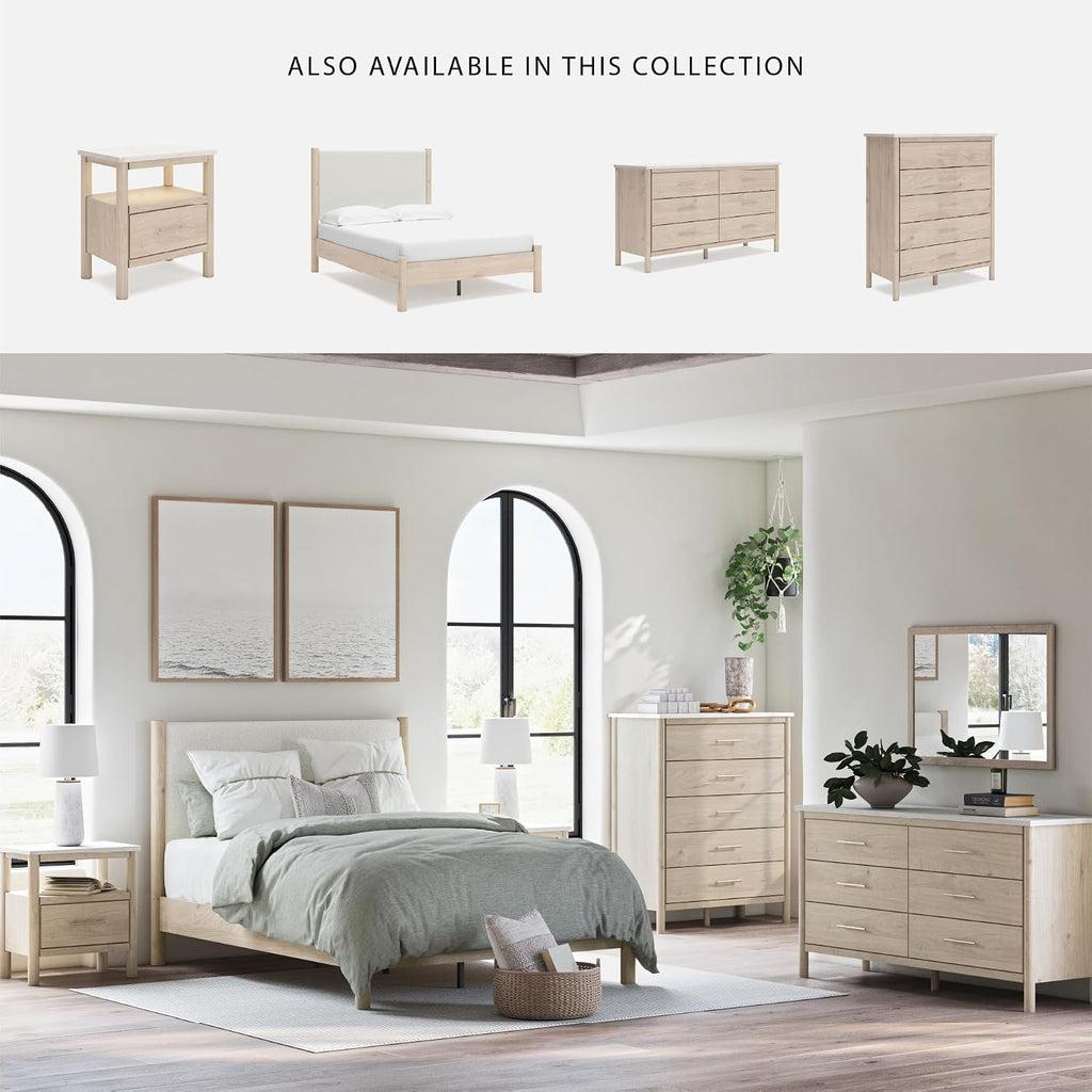 Signature Design by Ashley Cadmori Casual Bohemian Dresser with Post Legs and 6 Drawers, Replicated Marble Top, Wood, 35' High, White and Light Brown Finish