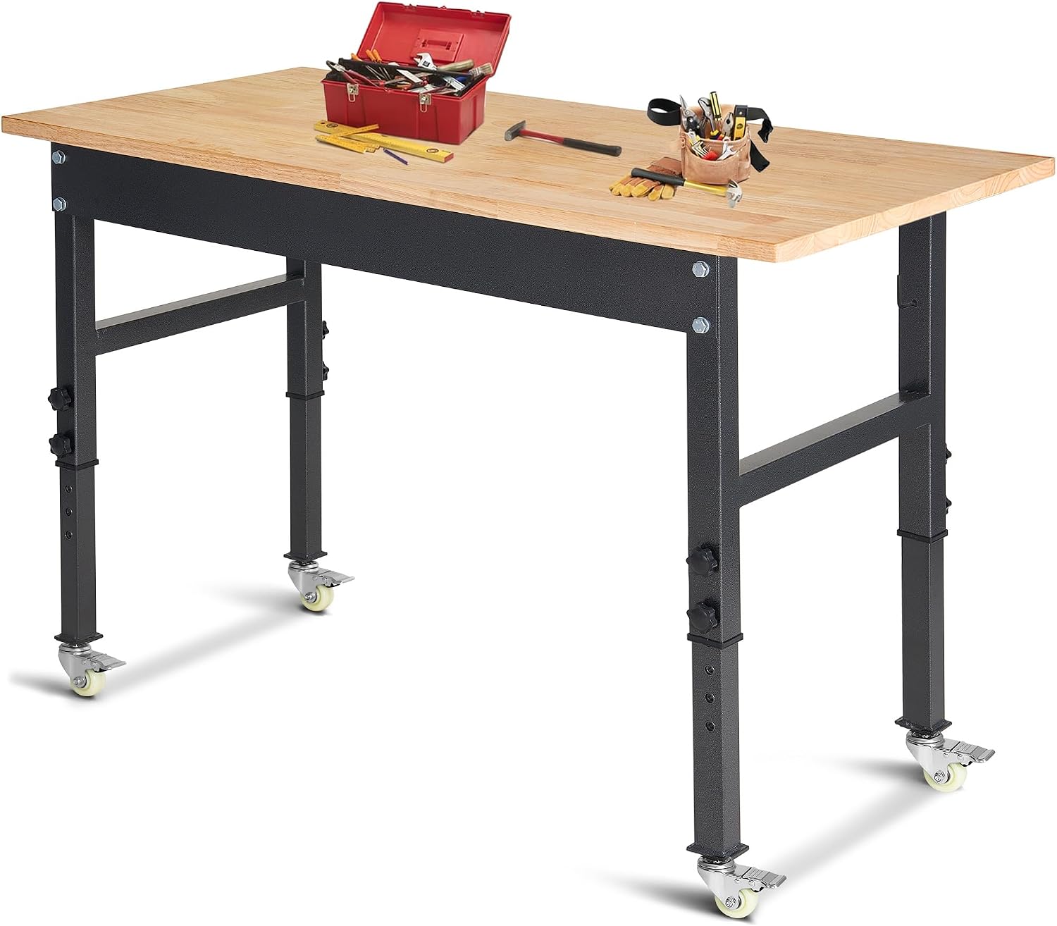 48' Adjustable Work Bench, Rubber Wood Top Workbench Heavy-Duty Work Table with Wheels, 2000 LBS Load Capacity Hardwood Work Benches for Garage, Workshop, Home, Office, Easy Assembly