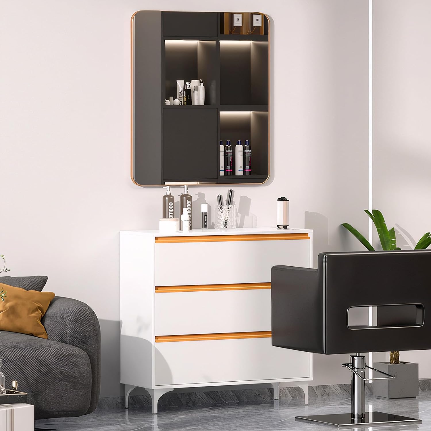 OmySalon Salon Station for Hair Stylists, Barber Free Standing Styling Cabinet with 3 Drawers, Square Mirror & Hair Dryer Holders, Modern White Gold Beauty Dresser for Salon, Spa, Home