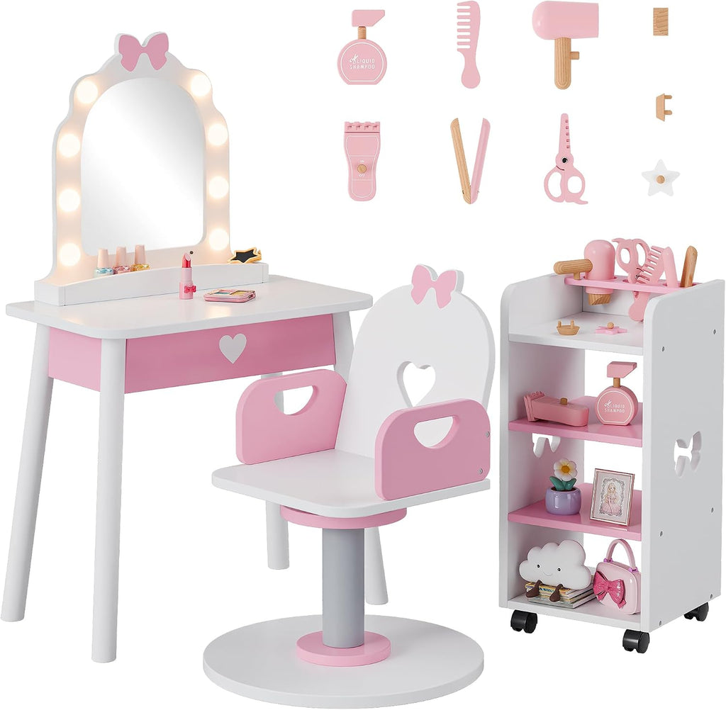 Kids Vanity Set with Light and Barber Chair, White Pink Makeup Dressing Vanity Table with Storage Shelf and Hair Salon Play Set 7 pcs Accessories, Pretend Play Vanity Set for Toddler Girls
