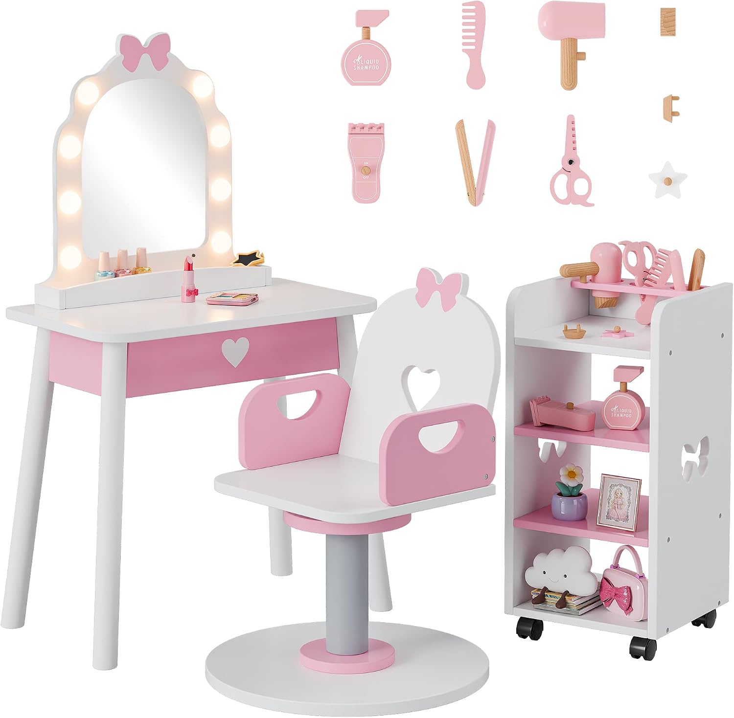 Kids Vanity Set with Light and Barber Chair, White Pink Makeup Dressing Vanity Table with Storage Shelf and Hair Salon Play Set 7 pcs Accessories, Pretend Play Vanity Set for Toddler Girls