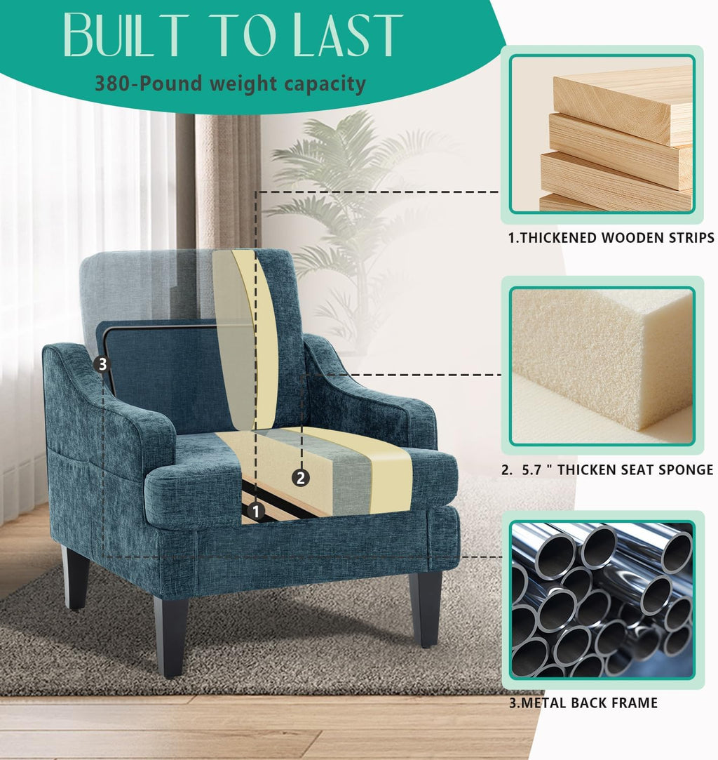 Modern Accent Chairs Set of 2 Upholstered Reading Chair for Bedroom with Side Pockets Comfy Living Room Chairs Living Room Armchair for Office, Apartment (Blue Chenille)