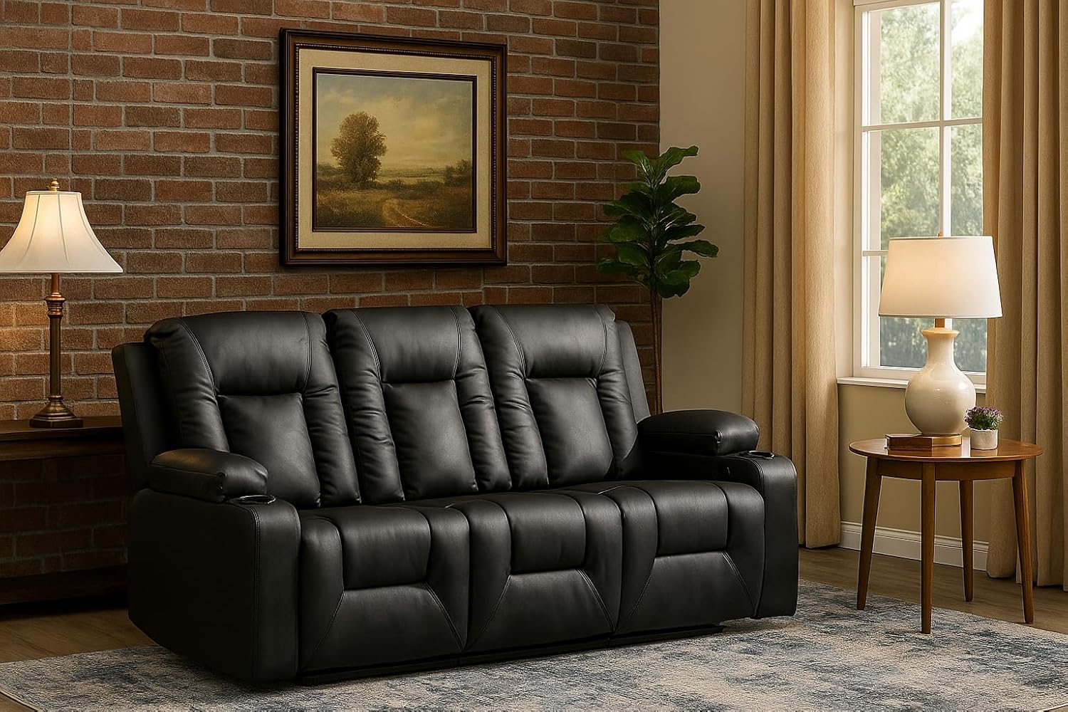 LUCKLIFE Leather Recliner Sofa Set with Manual Recliners,Living Room Furniture Set with Reclining Couch,Loveseat and Armchair,Living Room Chair with Cup Holders,Black (3+2)