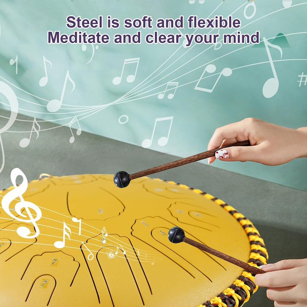 Generic Steel Tongue Drum 15 Inch 21 Notes - C Major Handpan Drum with Drum Mallets for Meditation Yoga Beginners Majors Family Friends Handpan Drum（Gold）