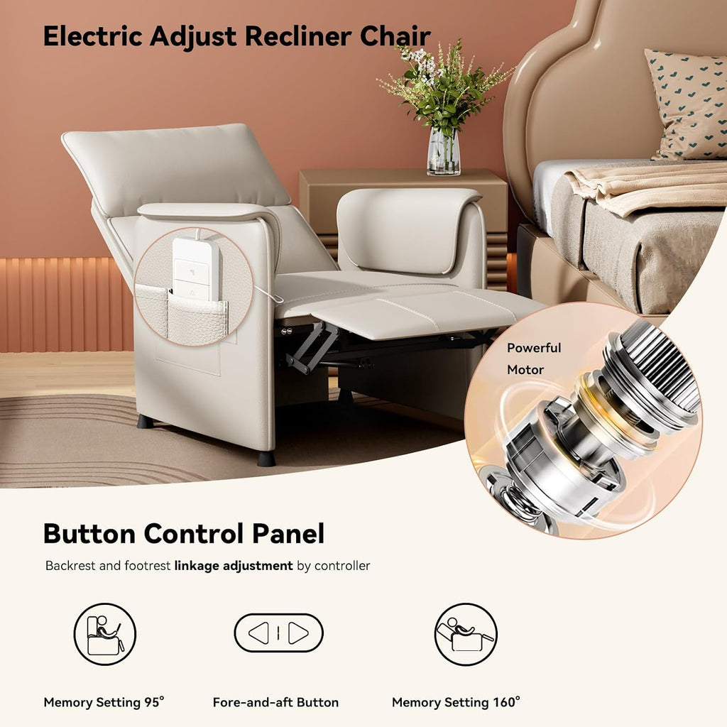 Recliner Chair，Electric Adjustable PU Leather Recliner with Remote Control and Padded Backrest,Recliner Single Sofa Seat with Thick Seat Cushion for Living Room Bedroom Home Theater (Beige)