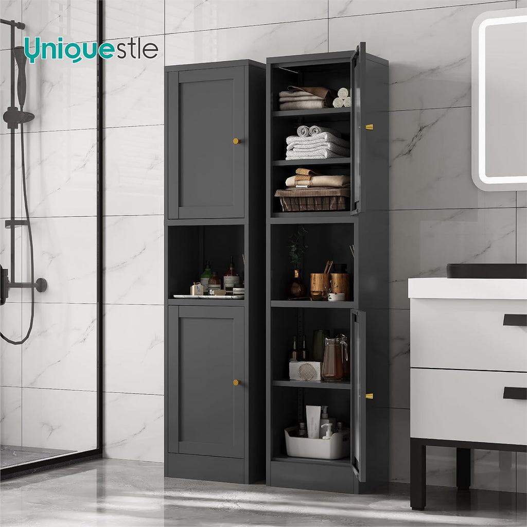 67' Tall Narrow Storage Cabinet with Doors and Open Shelf,Metal Pantry Cabinet,Shaker Style Slim Cabinet with Adjustable Shelves,for Bathroom Kitchen Laundry Small Spaces, Black, 1Pc