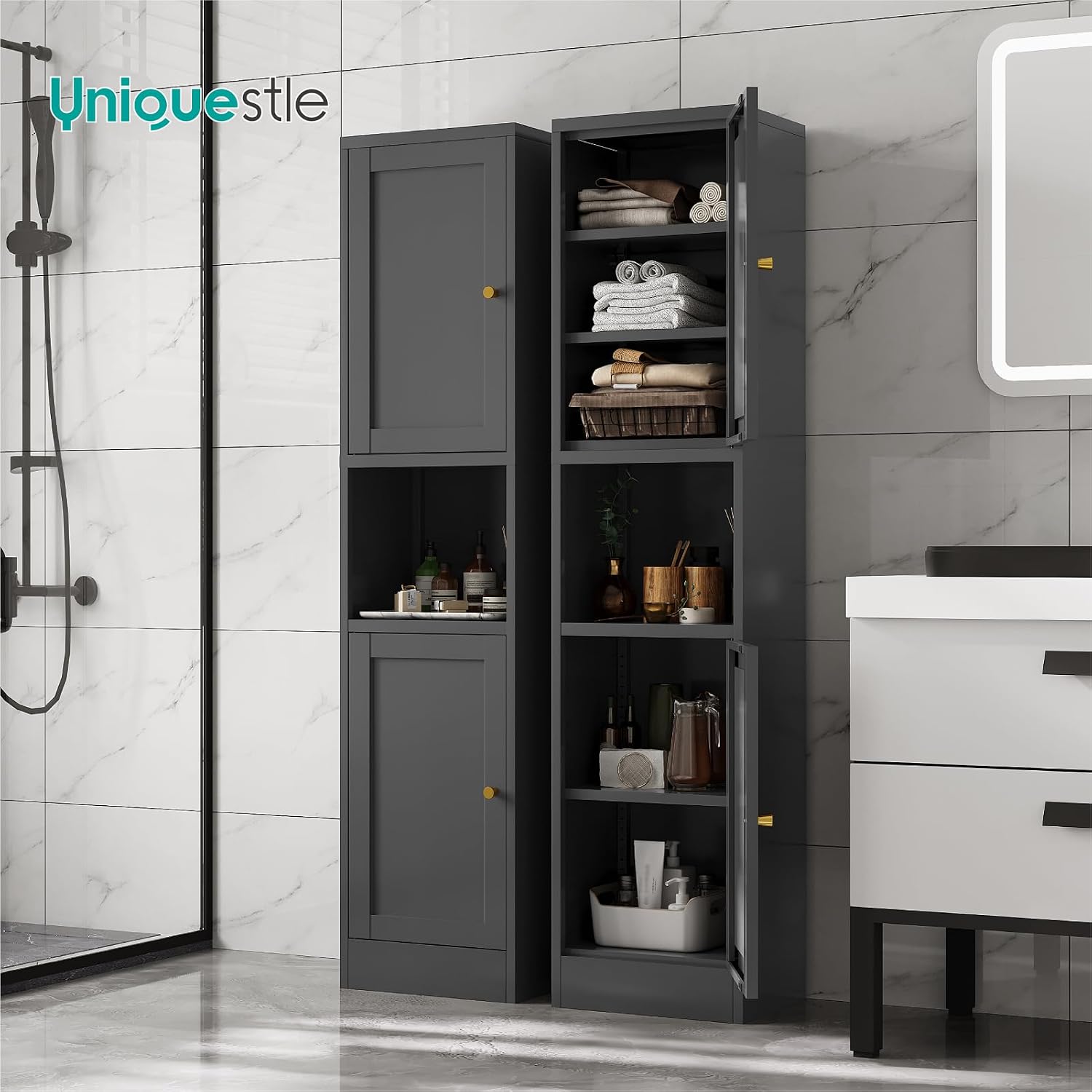 67' Tall Narrow Storage Cabinet with Doors and Open Shelf,Metal Pantry Cabinet,Shaker Style Slim Cabinet with Adjustable Shelves,for Bathroom Kitchen Laundry Small Spaces, Black, 1Pc