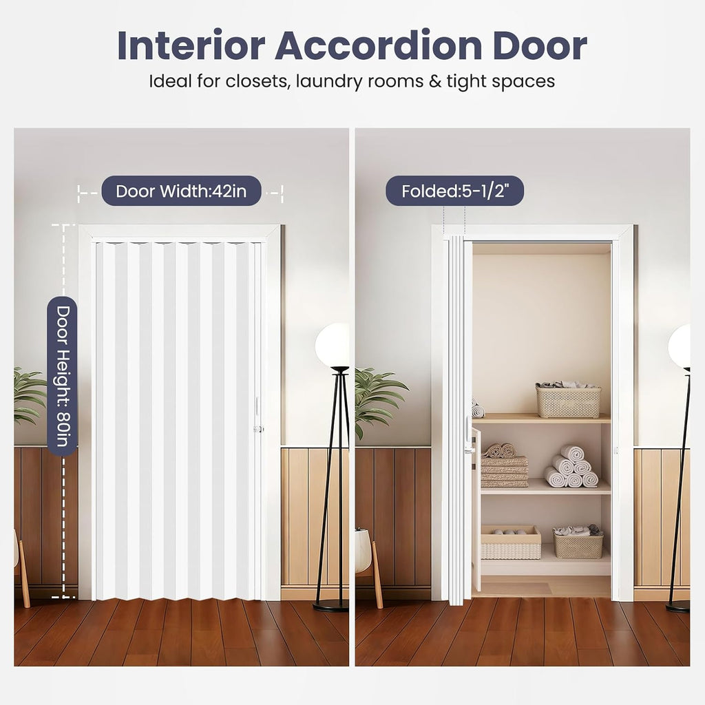 DIYHD 42X80in Accordion Door, White Double-Layer PVC Folding Interior Door with Sliding Track Kit, Space-Saving Closet Door, No Floor Track, Dual-Sided Handle & Latch, Easy Install