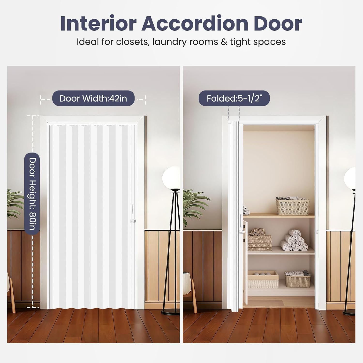 DIYHD 42X80in Accordion Door, White Double-Layer PVC Folding Interior Door with Sliding Track Kit, Space-Saving Closet Door, No Floor Track, Dual-Sided Handle & Latch, Easy Install