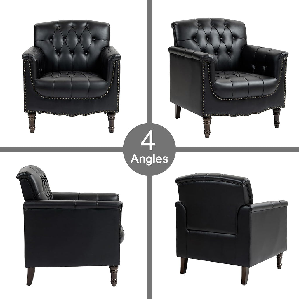 Lumibee Faux Leather Armchairs, Contemporary Accent Chairs Set of 2 with Nailhead Trims & Wood Legs for Living Room, Upholstered Comfy Arm Chairs for Office,Bedroom-Black