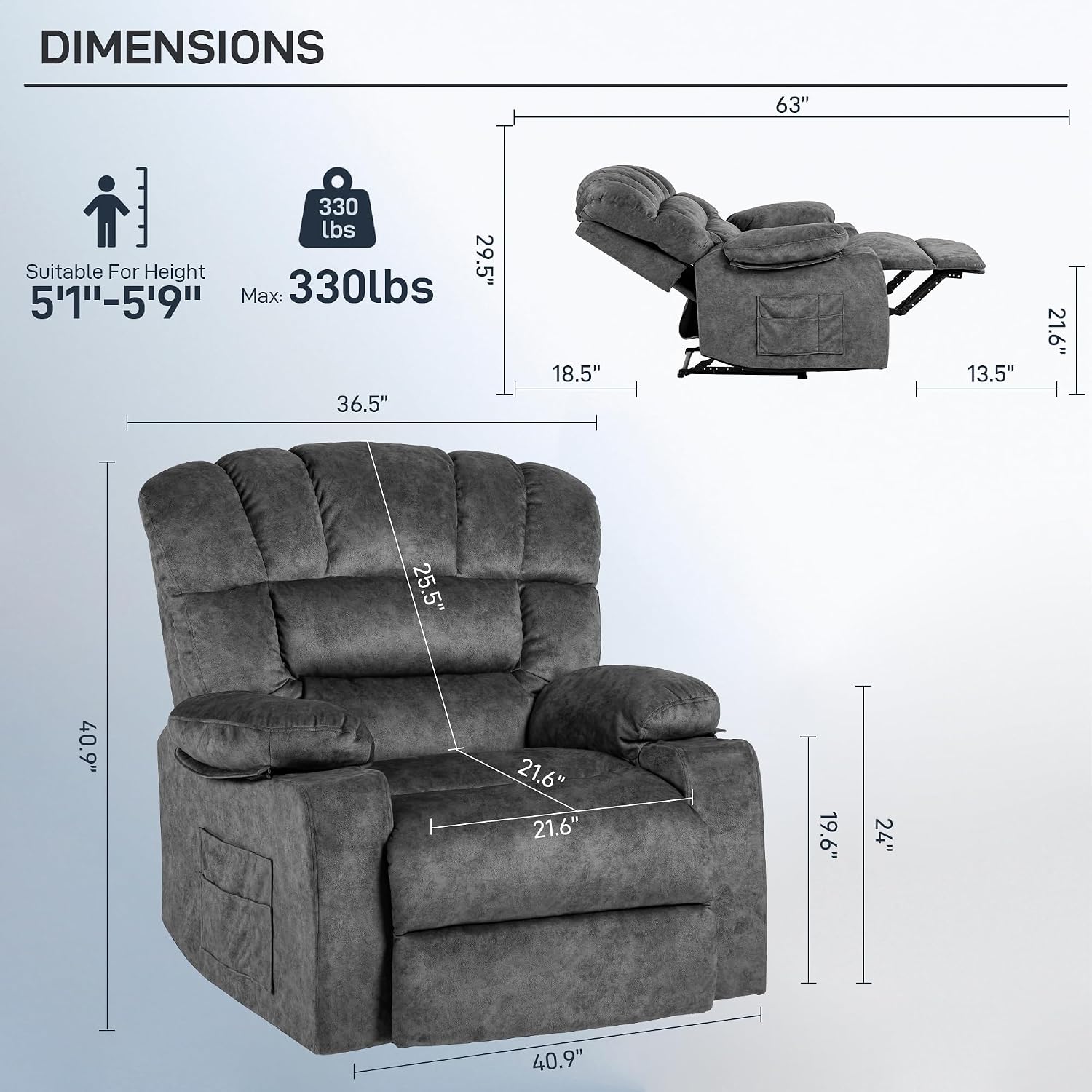 Recliner Chair Modern Ergonomic Lounge Single Sofa Seat Living Room Gravity Recliners Foam Filling