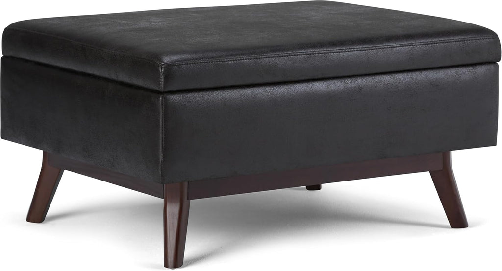SIMPLIHOME Owen Coffee Table Storage Ottoman - 34' Wide x 19' High Upholstered Vegan Leather Rectangular Lift-Top Ottoman in Distressed Black, Mid-Century Bench for Living Room with Tapered Legs