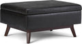 SIMPLIHOME Owen Coffee Table Storage Ottoman - 34' Wide x 19' High Upholstered Vegan Leather Rectangular Lift-Top Ottoman in Distressed Black, Mid-Century Bench for Living Room with Tapered Legs