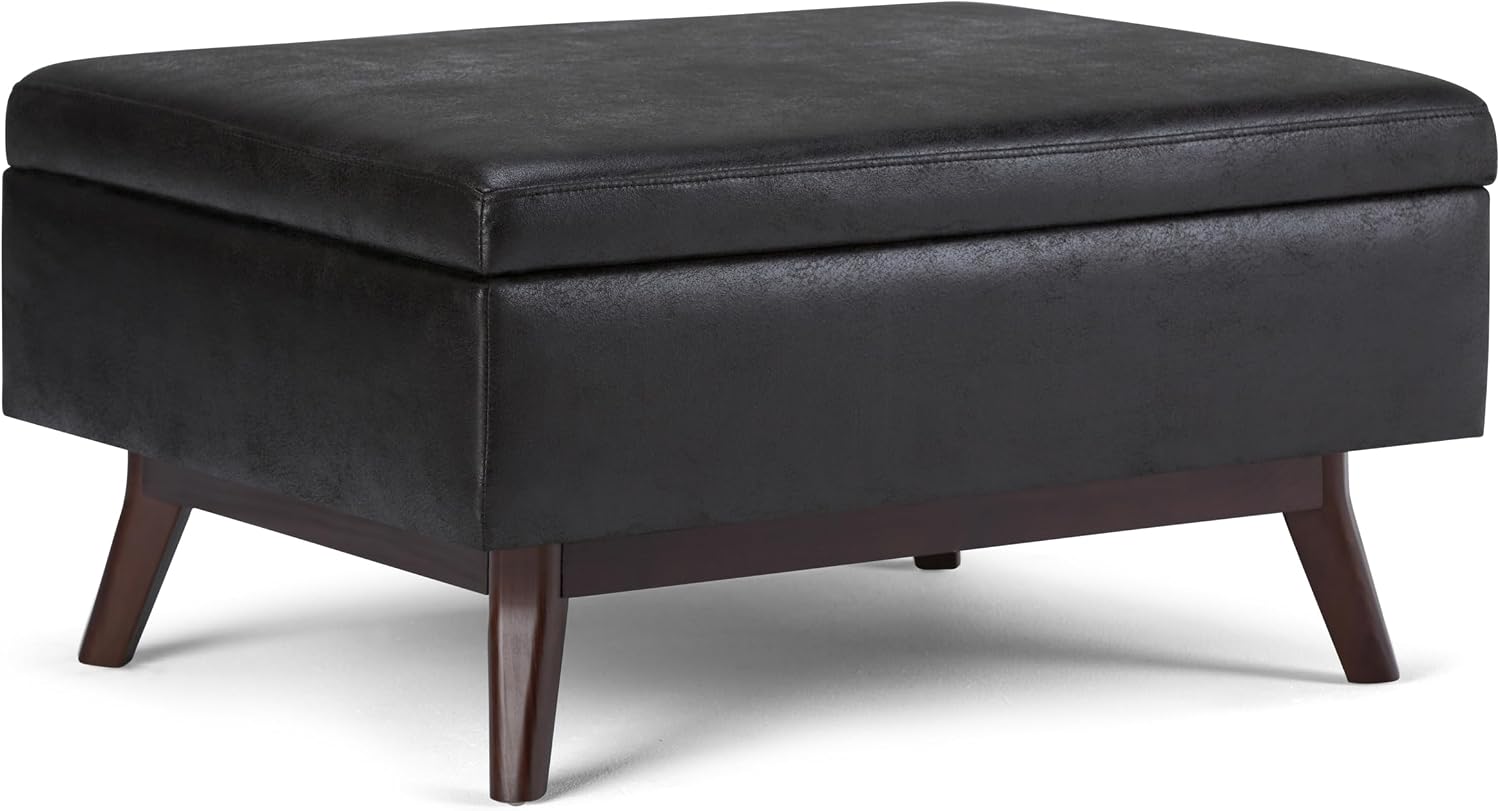 SIMPLIHOME Owen Coffee Table Storage Ottoman - 34' Wide x 19' High Upholstered Vegan Leather Rectangular Lift-Top Ottoman in Distressed Black, Mid-Century Bench for Living Room with Tapered Legs