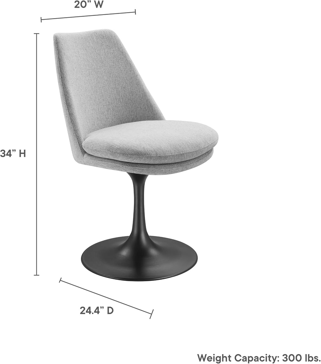 Modway Lippa Upholstered Swivel Dining Side Chair in Black Light Gray - Armless Woven Heathered Fabric Accent Chair with Pedestal Base - 360° Office Desk Rotating Chair with No Wheels