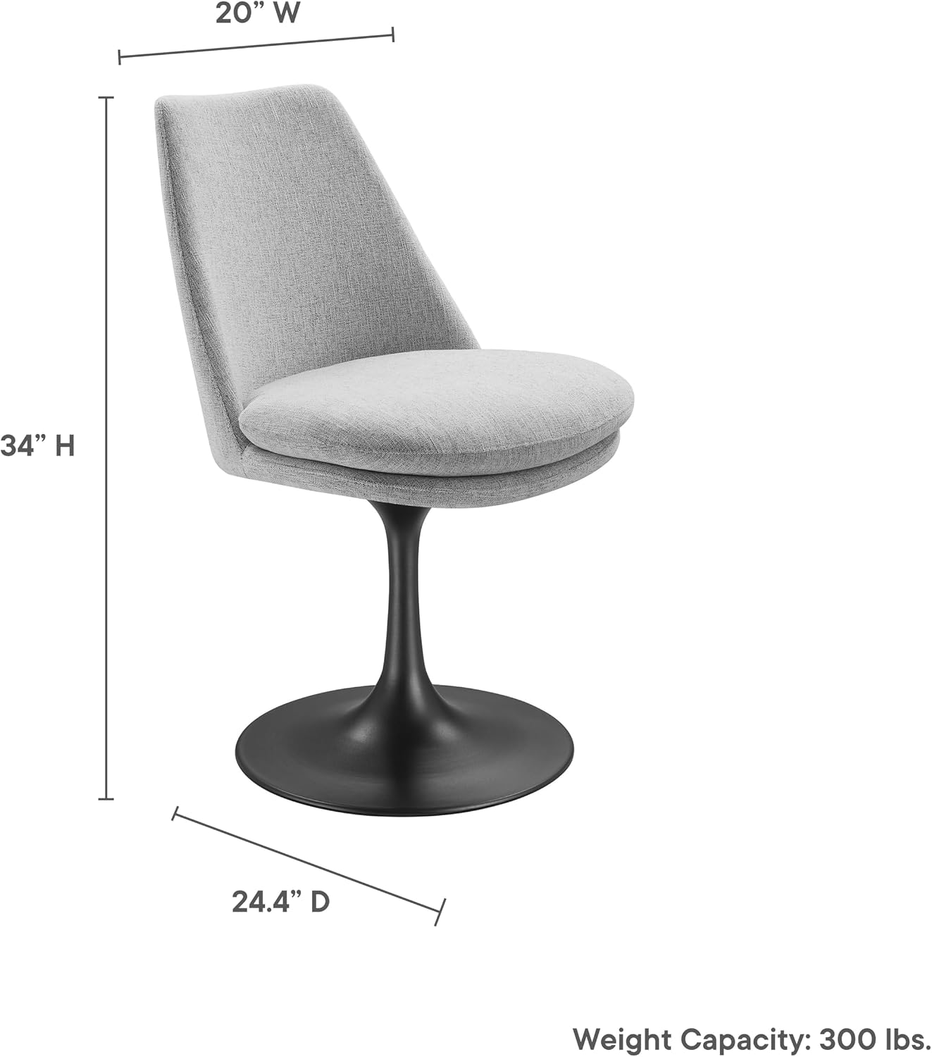 Modway Lippa Upholstered Swivel Dining Side Chair in Black Light Gray - Armless Woven Heathered Fabric Accent Chair with Pedestal Base - 360° Office Desk Rotating Chair with No Wheels