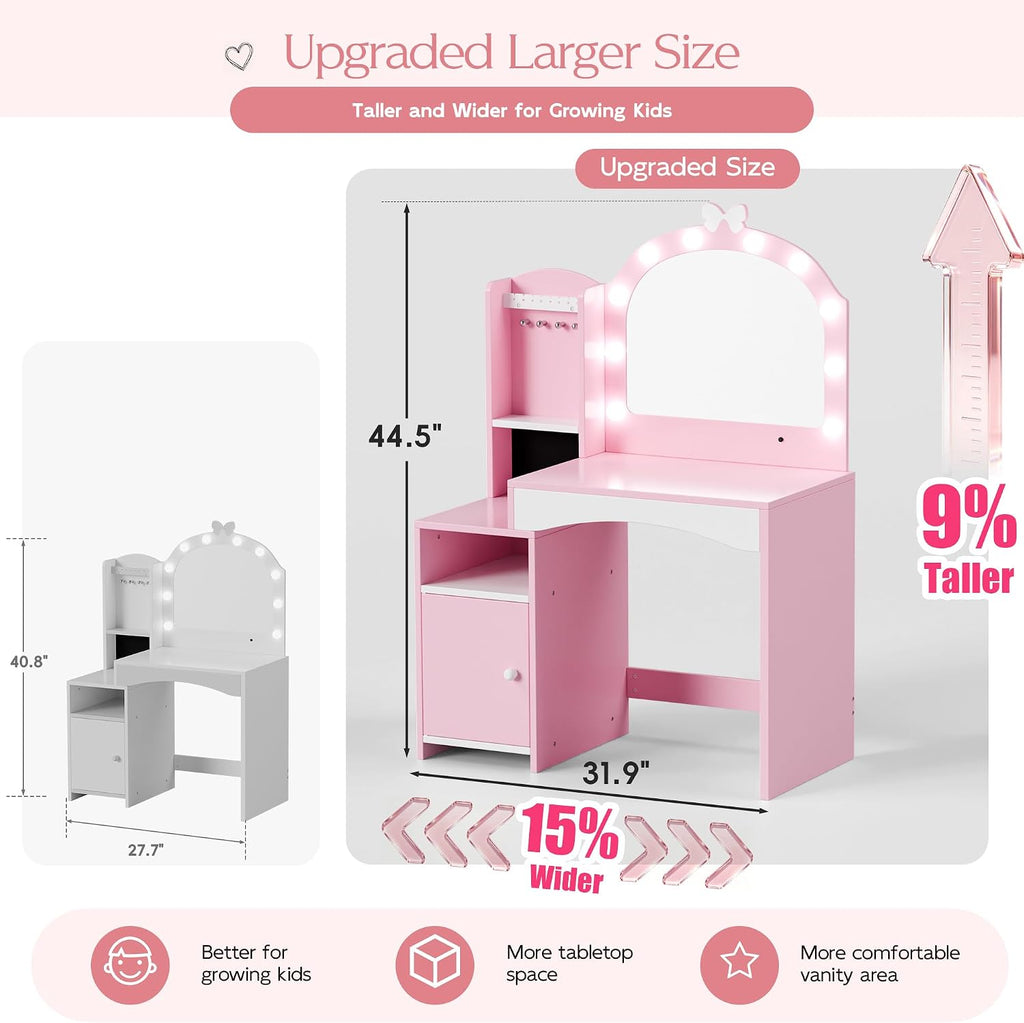 MU Kids Vanity, Girl Vanity Set with Mirror and Chair, 2 in 1 Toddler Makeup Vanity Table with Jewelry Storage, Wooden Princess Makeup Desk Dressing Table for Little Girls, Pink