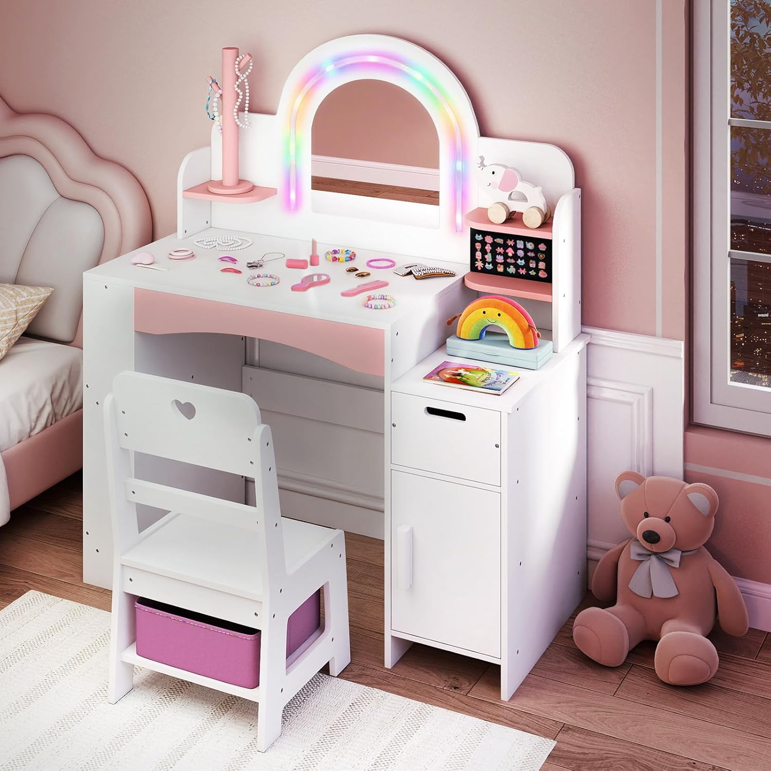 INFANS Kids Vanity with Lights, Princess Makeup Desk with Mirror, Jewelry Hanger, Fabric Drawers, Toddler Table and Chair Set Pretend Play for Girls