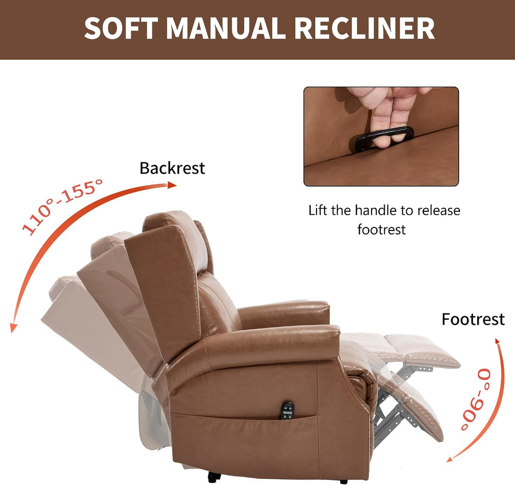 KEIKI Mid Century Modern Oversized Recliner Accent Chair for Adults, Manual Leather Recliner Chair with Back Massager and Heating for Living Room, Home Soft Rocking Lounge Reading Chair, Camel