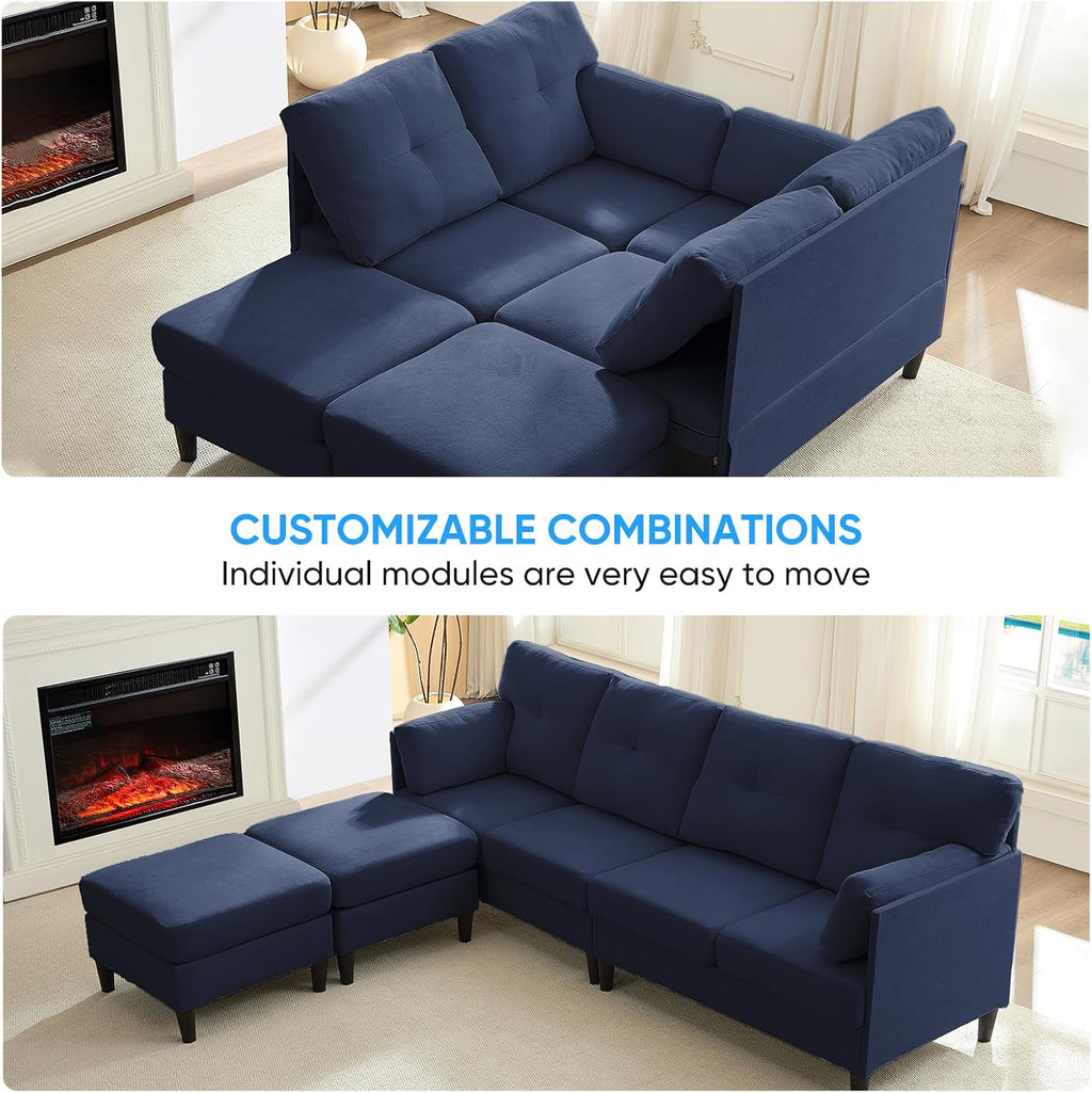 PUREMIND Sectional Couches for Living Room, Modern Snow Velvet U-Shaped Sofa Couch with Double Chaise, Upholstered 4 Seater Home Sofa for Living Room, Apartment, Office,Blue