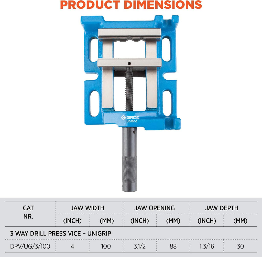 Groz Unigrip 4' 3-Way Drill Press Vise, 100mm Jaw, 3-1/2' Opening, Cast Iron with Precision-Ground Base, Side and End Faces, 4-Prism Fixed Jaw for Round Stock (35125)
