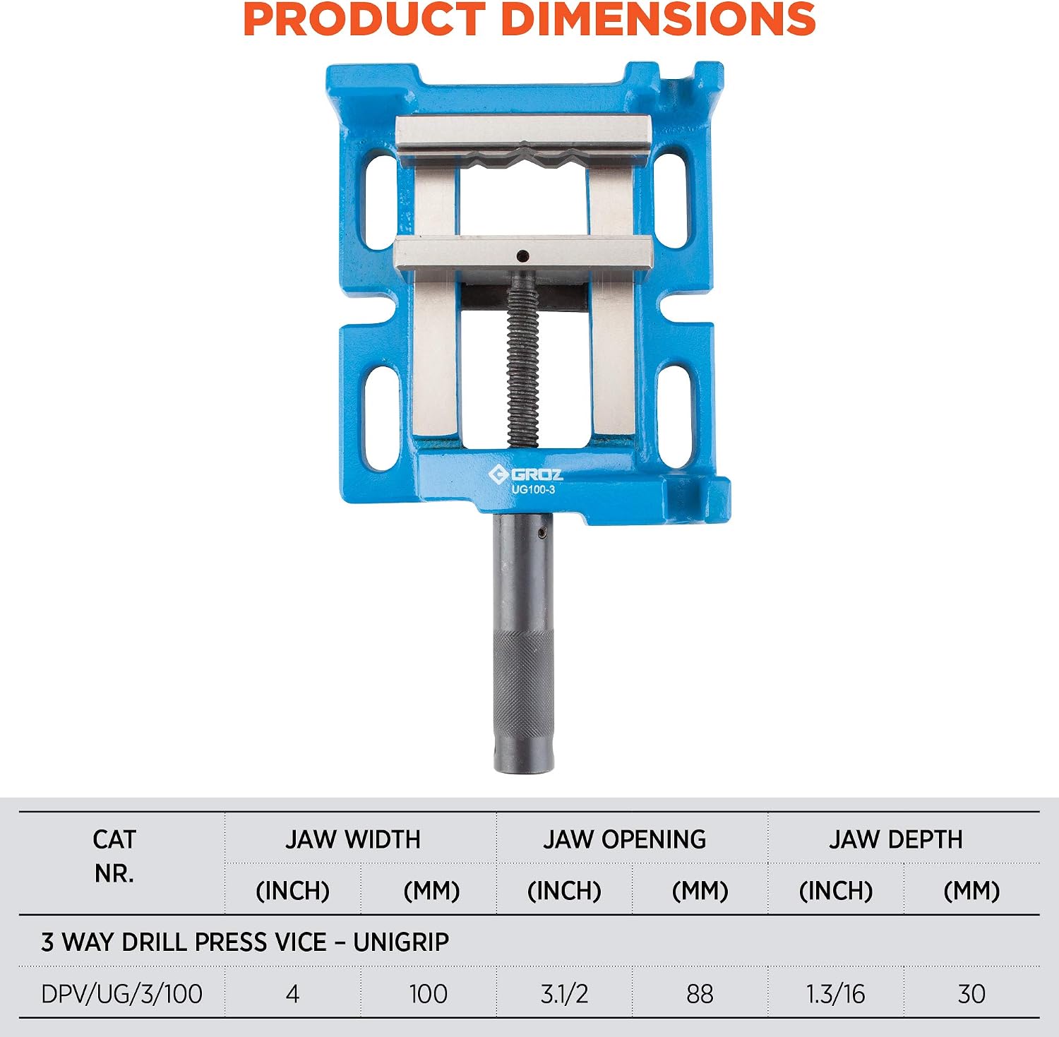 Groz Unigrip 4' 3-Way Drill Press Vise, 100mm Jaw, 3-1/2' Opening, Cast Iron with Precision-Ground Base, Side and End Faces, 4-Prism Fixed Jaw for Round Stock (35125)