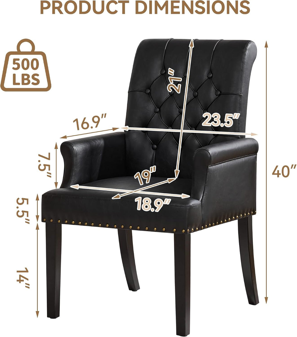 WUTUTUEE PU Leather Dining Chair with Arms, Upholstered Tufted High Back Dining Room Chairs, Accent Armchair with Solid Wood Leg and Nailhead Trim, Kitchen Dining Living Room, Black