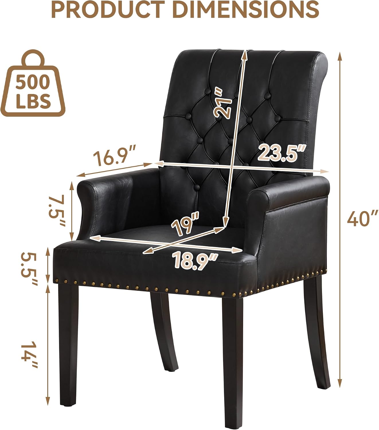 WUTUTUEE PU Leather Dining Chair with Arms, Upholstered Tufted High Back Dining Room Chairs, Accent Armchair with Solid Wood Leg and Nailhead Trim, Kitchen Dining Living Room, Black