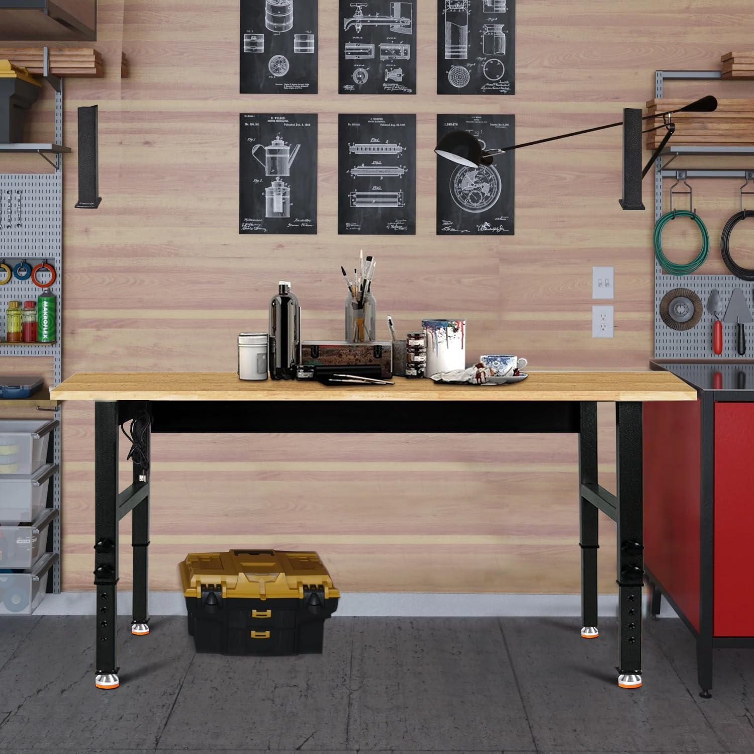 48' Adjustable Work Bench, Rubber Wood Top Workbench Heavy-Duty Work Table with Power Outlet, 2000 LBS Load Capacity Hardwood Work Benches for Garage, Workshop, Home, Office, Easy Assembly