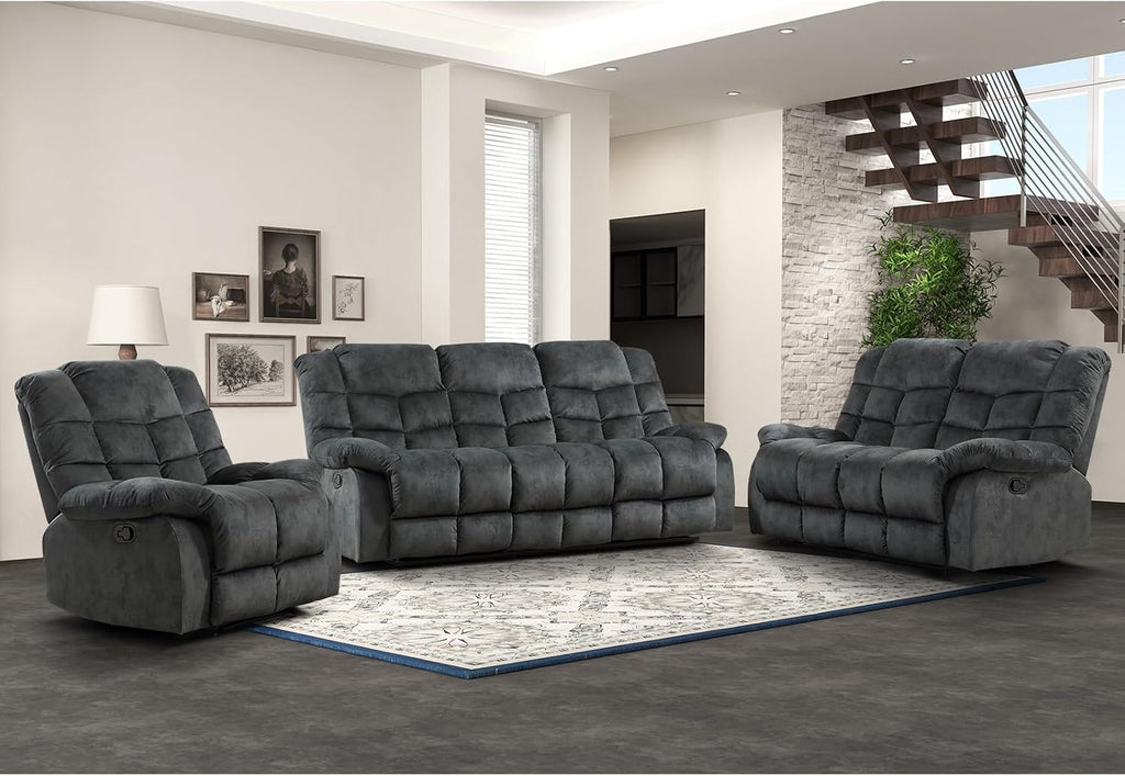 EBELLO Reclining Living Room Set, One Seat Manual Recliner, Loveseat Recliner Sofa and 3PC Bonded Manual Sofa Couch, Grey Green
