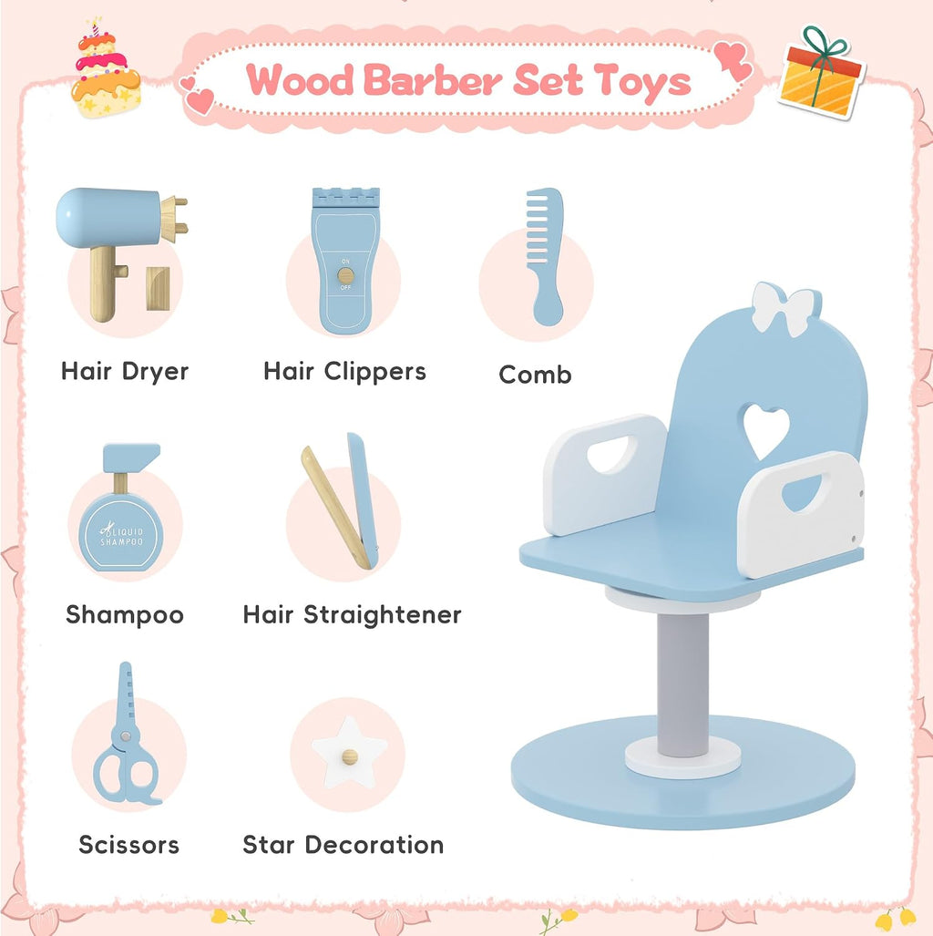 Wooden Kids Vanity Table and Chair Set with Light and Mirror, Princess Makeup Vanity Desk with Barber Chair and Rolling Cart, Pretend Hair Salon Play Set, Toddler Vanity Set for Girls, Blue