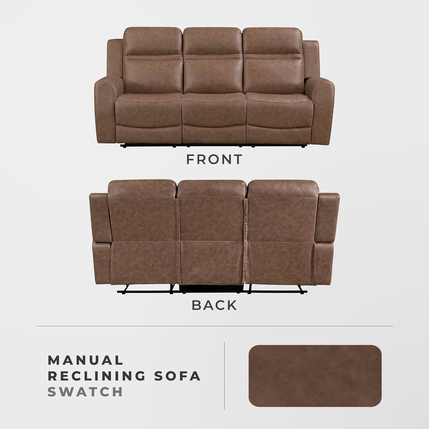 Lexicon 85' W Manual Double Reclining Sofa - Polished Microfiber Wall Hugger Manual 3 Seater Recliner Couch, Comfort Armrests, for Living Room, Home Theater, Easy Assembly, Brown