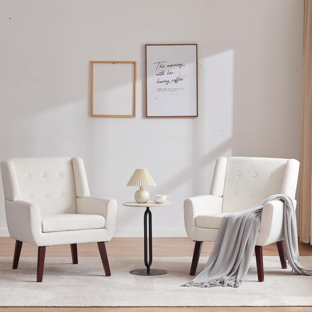 HUIMO Upholstered Accent Chairs Set of 2,Button-Tufted Reading Comfy Living Room Chair with Wooden Legs,Mid Century Modern Chair with Linen Fabric,Club Chair Comfy Arm Chairs for Bedroom,Beige
