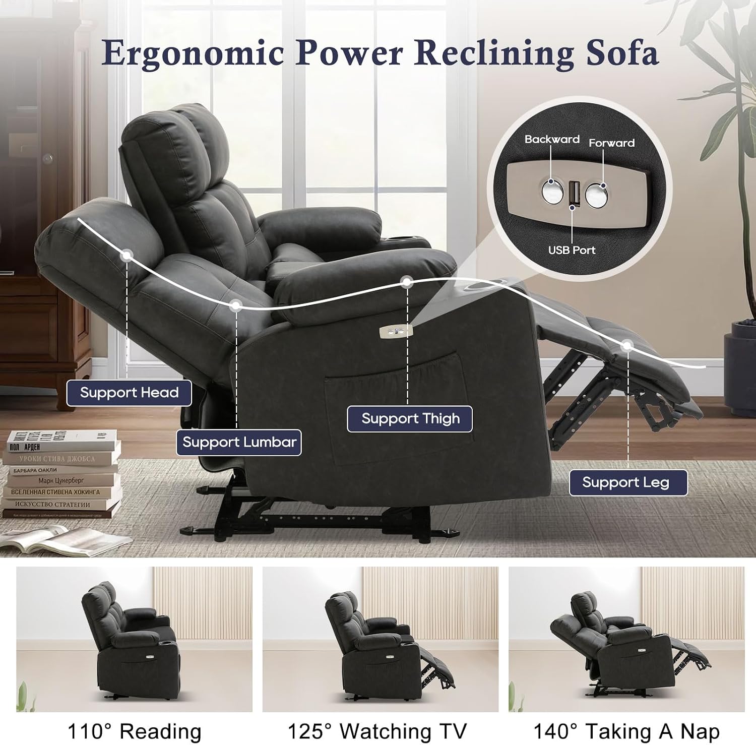 Power Reclining Sofa with Heat and Massage, Electtric Reclining Couch with Extended Footrest, Recliner Sofa 3 Seater with USB Ports, Cup Holders for Living Room, Home Seating
