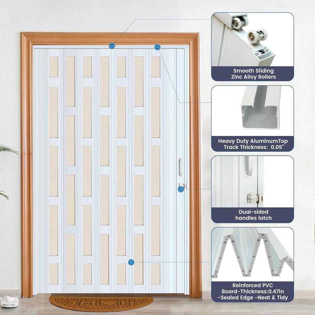 DIYHD 60X80in Glass Accordion Door, Large PVC Folding Door with Frosted Acrylic Panel for Privacy & High Light Transmission – Ideal for Oversized Openings, Space-Saving Closet or Room Divider