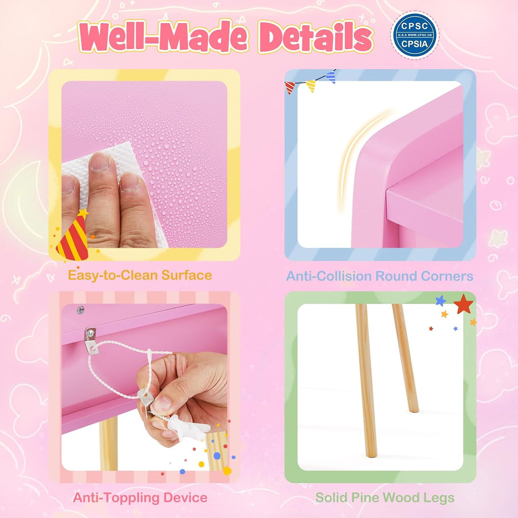 HONEY JOY Kids Vanity, Little Girls Vanity Set with Mirror and Stool and Lights, Drawers, Toddler Makeup Vanity Dressing Table, Wooden Pretend Play Kids Vanity Table and Chair Set (Pink)