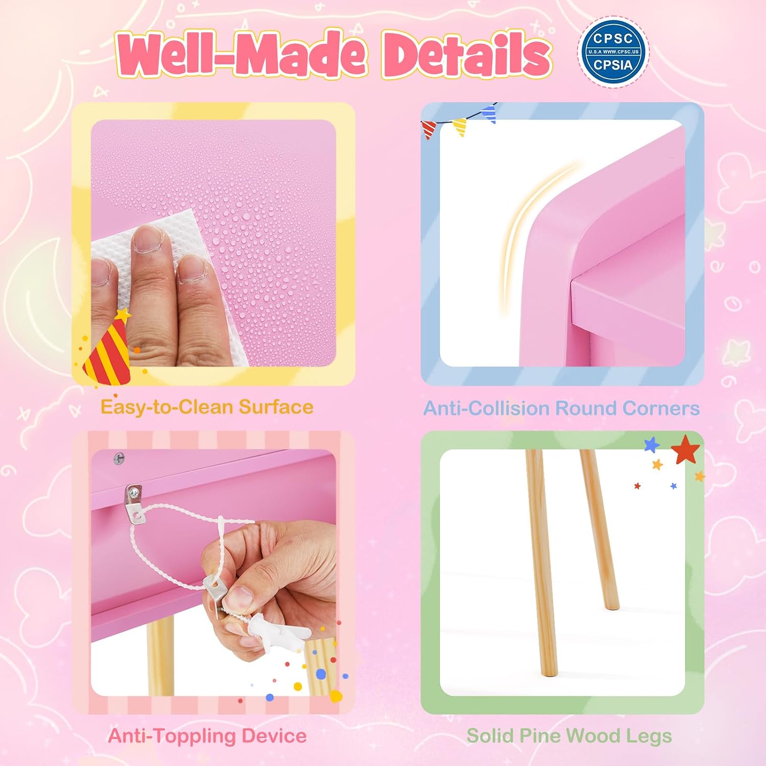 HONEY JOY Kids Vanity, Little Girls Vanity Set with Mirror and Stool and Lights, Drawers, Toddler Makeup Vanity Dressing Table, Wooden Pretend Play Kids Vanity Table and Chair Set (Pink)