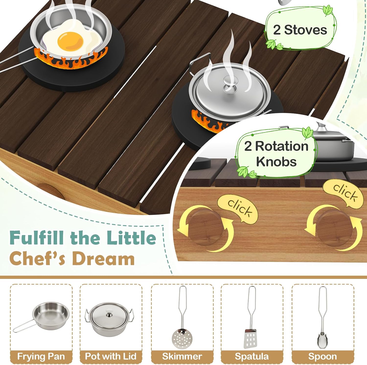 Costzon Mud Kitchen, Wooden Kids Potting Bench w/Removable Faucet, Sink, Stoves, Rotation Knobs, Planter Boxes, Trellis & Cooking Accessories, Mud Kitchen for Kids Outdoor 3-8 (Brown)