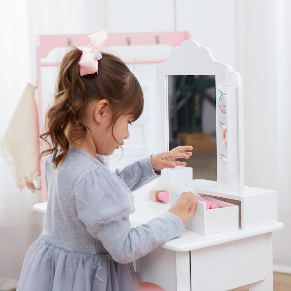 Teamson Kids White Wooden Vanity Table and Stool Set for Girls with Mirror Drawers Jewelry Storage Elegant Play Furniture for Bedroom or Playroom Ages 3+