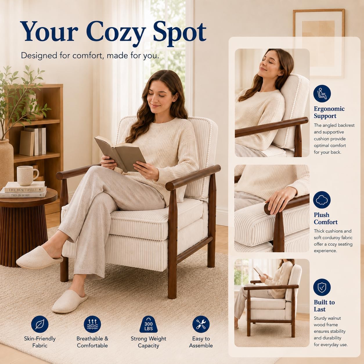 Accent Chair with Hidden Storage, Mid-Century Upholstered Armchair with Solid Wood Frame, Corduroy Fabric Accent Chair for Living Room, Bedroom, and Reading Corner(White)