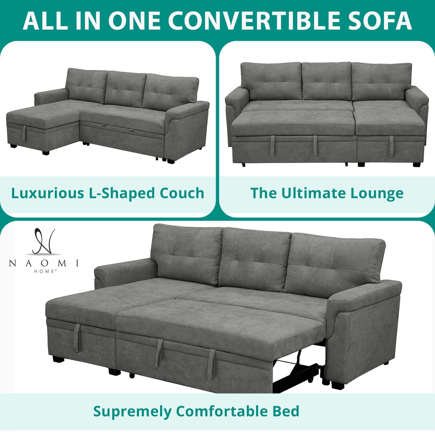 Naomi Home L Shaped Sectional Couch with Storage & Pull Out Bed – 3-in-1 Convertible Sleeper Sofa Bed, Small L Shape Sofa for Living Room, Sofa Bed with Storage Chaise in Gray, Velvet