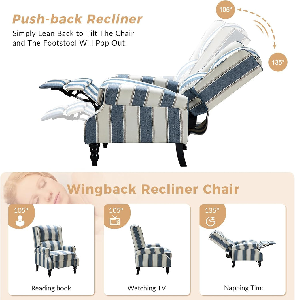 HULALA HOME Upholstered Wingback Recliner Chair Set of 2, Small Adjustable Footrest Push Back Single Reclining Sofa, Mid Century Modern Lounge Armchair for Living Room, Bedroom, Reading/Stripe Navy