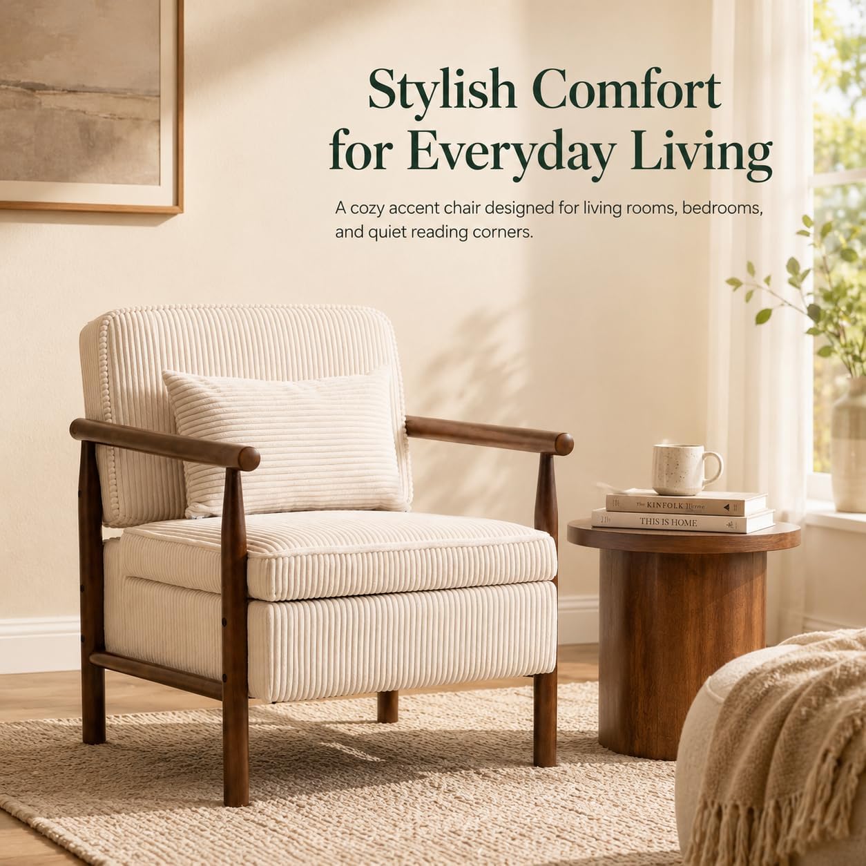 Accent Chair with Hidden Storage, Mid-Century Upholstered Armchair with Solid Wood Frame, Corduroy Fabric Accent Chair for Living Room, Bedroom, and Reading Corner(White)