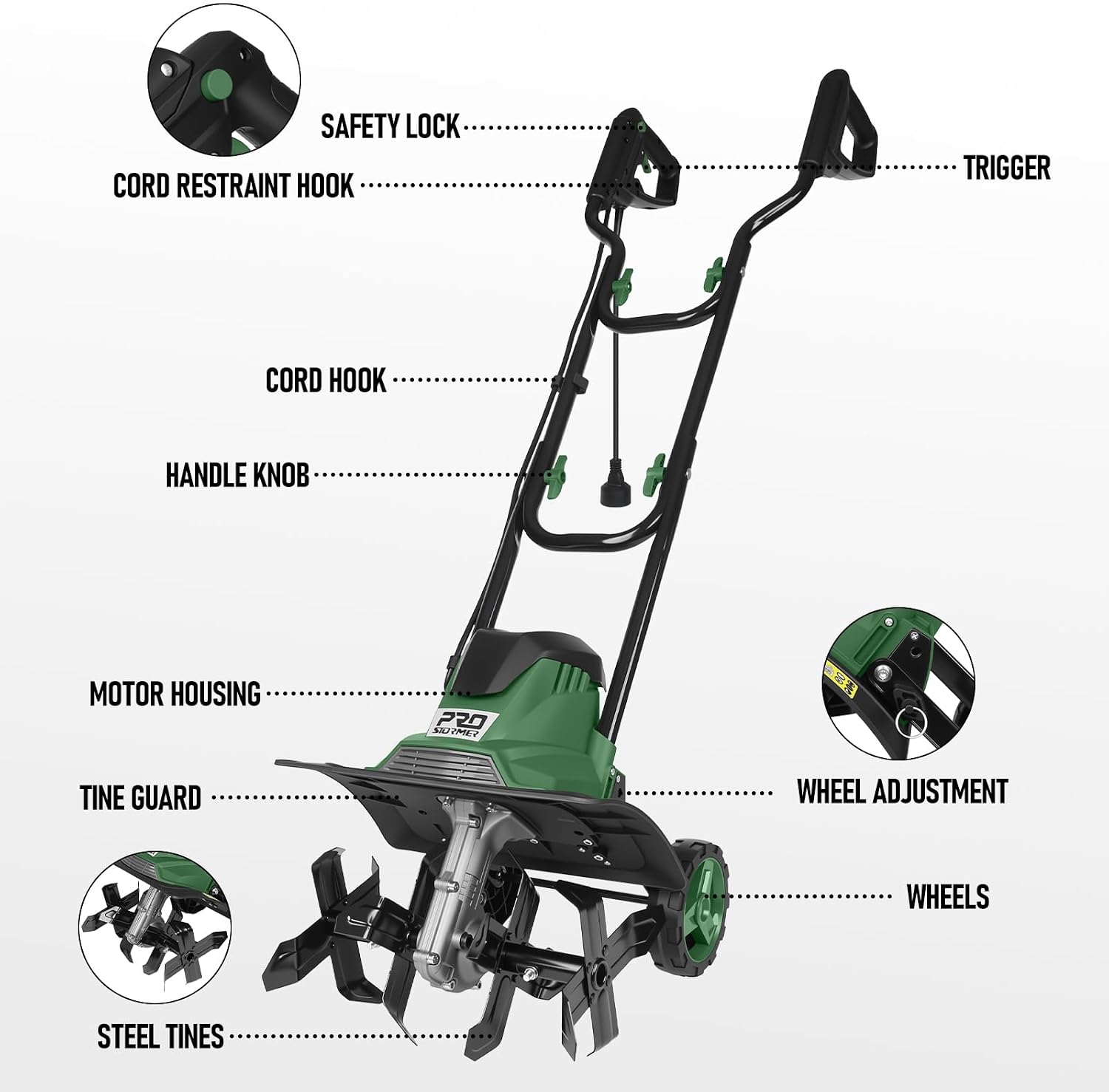 Prostormer 14 Inch Corded Electric Tiller Cultivator, 10Amp Motor with 4 Steel Tines, Corded Garden Tiller for Soil Cultivation, Lawn, and Yard Care