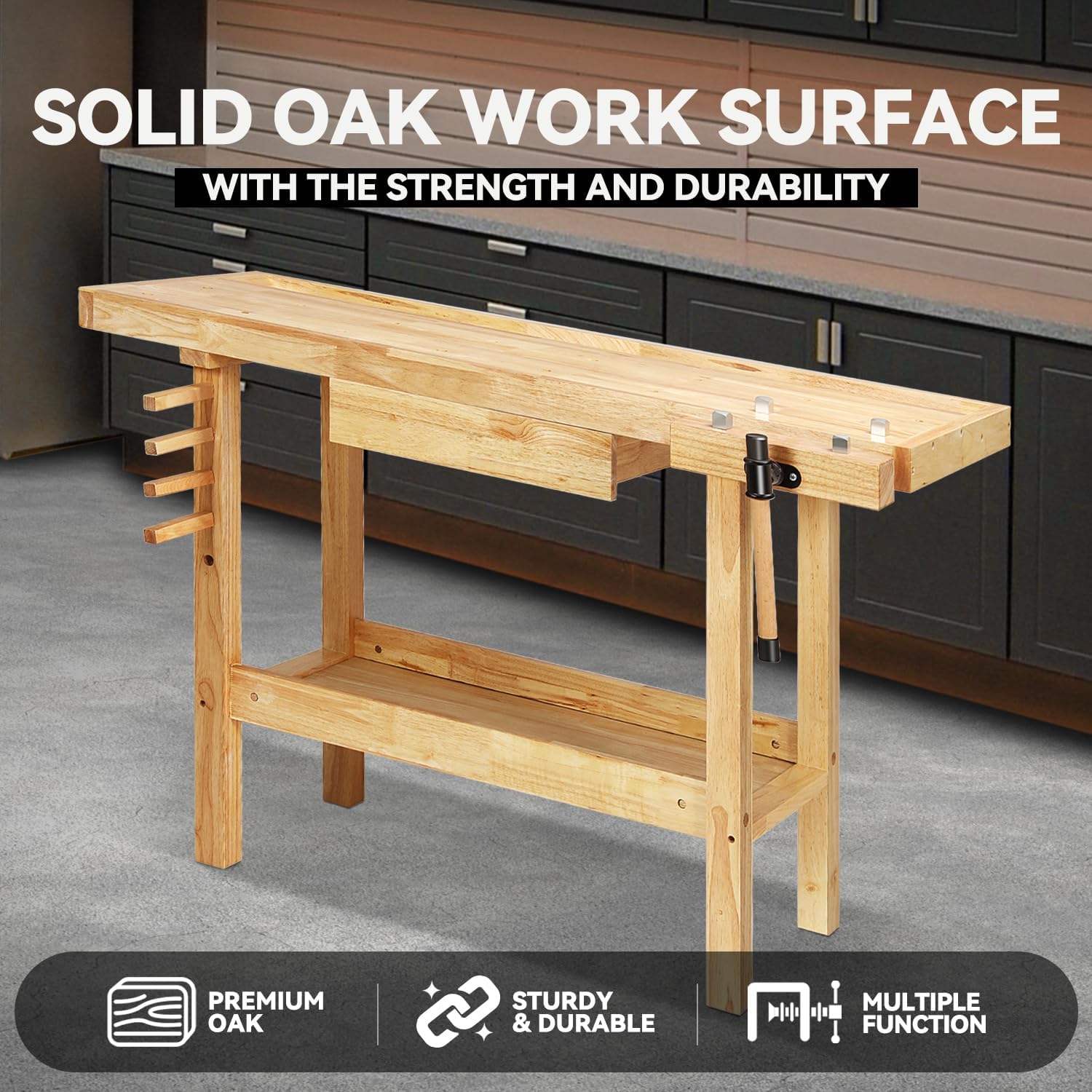Auto Dynasty 50' Wood Workbench, Heavy Duty Woodworking Bench with Adjustable Handle, 300Lbs Load Capacity Woodworking Table Work Bench with Storage for Garage, Workshop, Home (Natural)