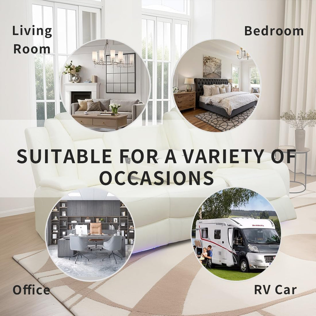 Living Room Furniture Sets, Power Recliner Sofa Set, Vanilla White Breathing Leather Power Reclining Sofa Couch ith 2 Recliner Seats/USB Ports/LED Light for Living Room, Office