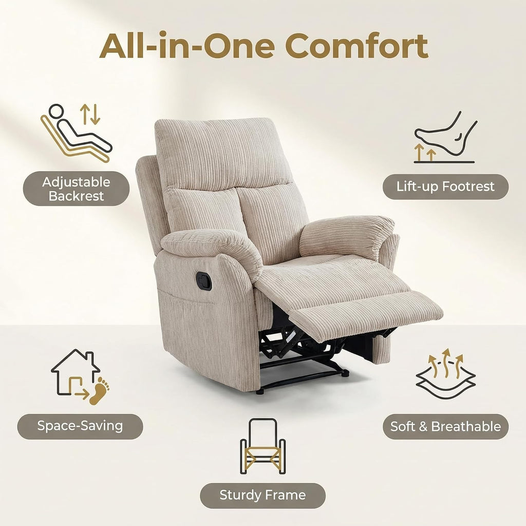 Oversized Rocker Recliner Chair, Manual Swivel Rocking Recliners with Adjustable Backrest Footrest for Adults, 360° Swivel Lazy Boy Recliner Chairs for Living Room, Reading, Bedroom, Beige