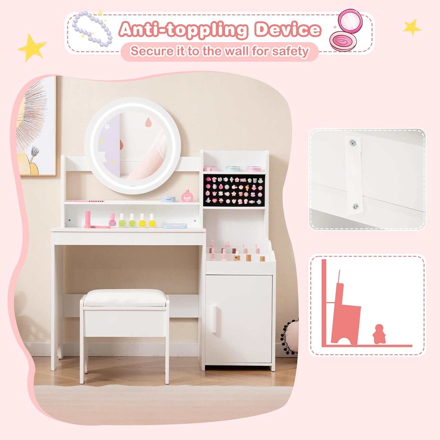 INFANS Kids Vanity with Lights, Princess Makeup Desk with Mirror Storage Shelves, Toddler Table and Chair Set Pretend Play for Girls Aged 4-9 (Cream White)
